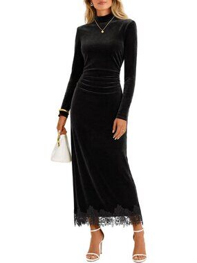 Elegant Velvet Lace Maxi Dress for Women - Fall Wedding Guest & Cocktail Outfit